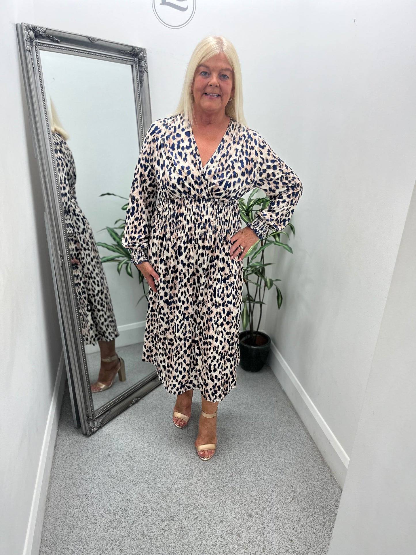 Navy Crossfront Animal Print Dress