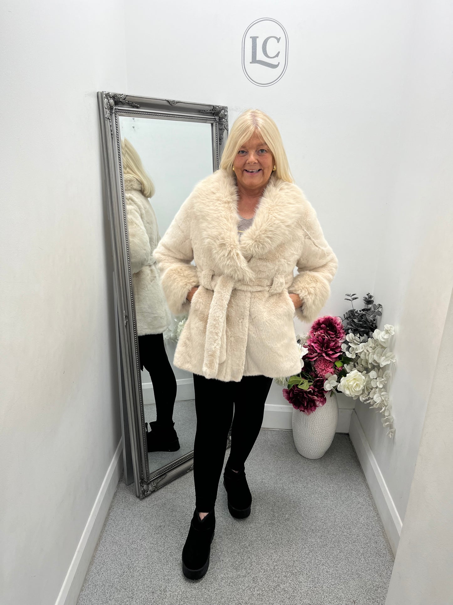 Sophia Faux Fur Tie Belt Coat