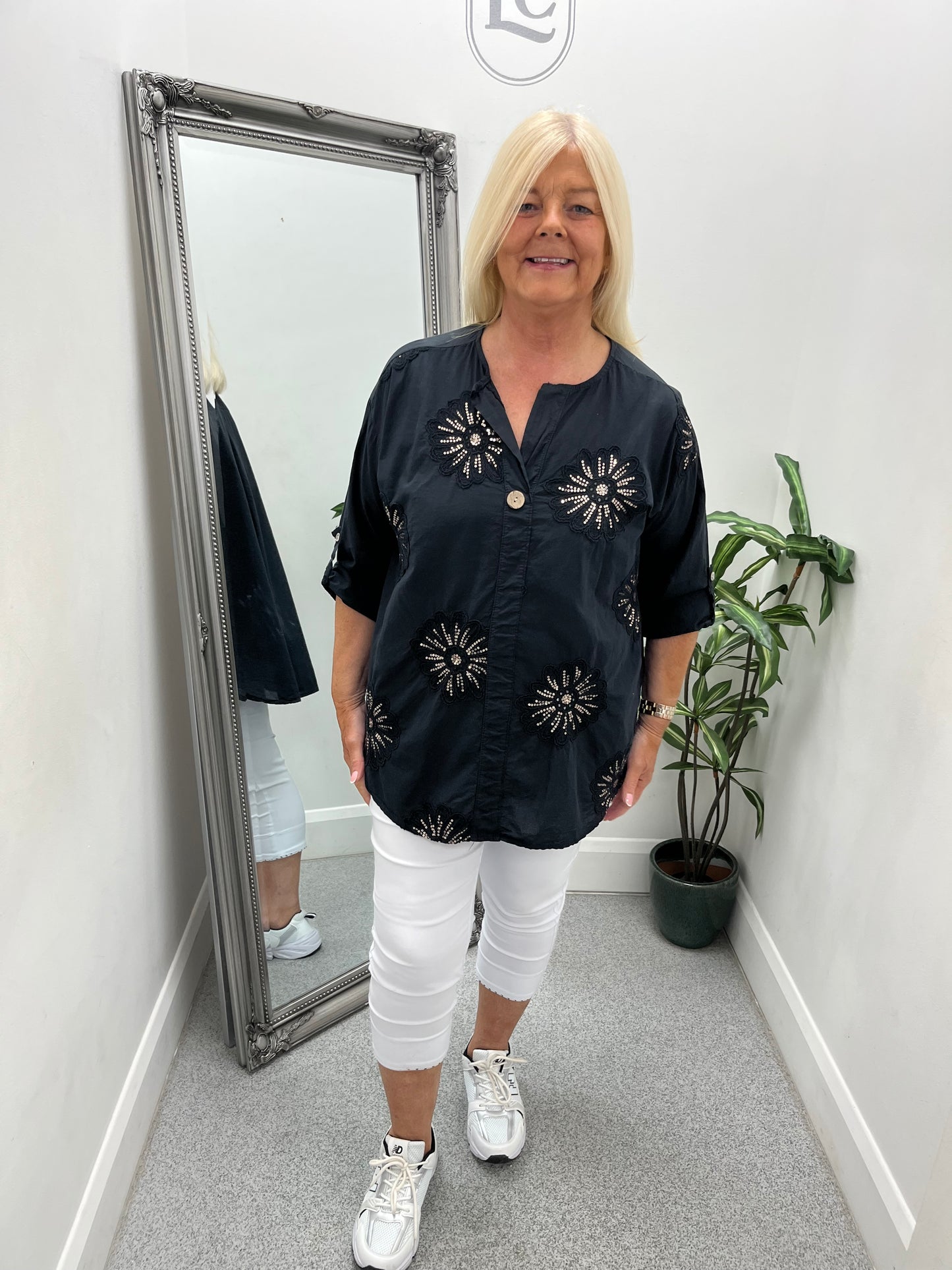 Turn Up Sleeve Sequin Front Shirt