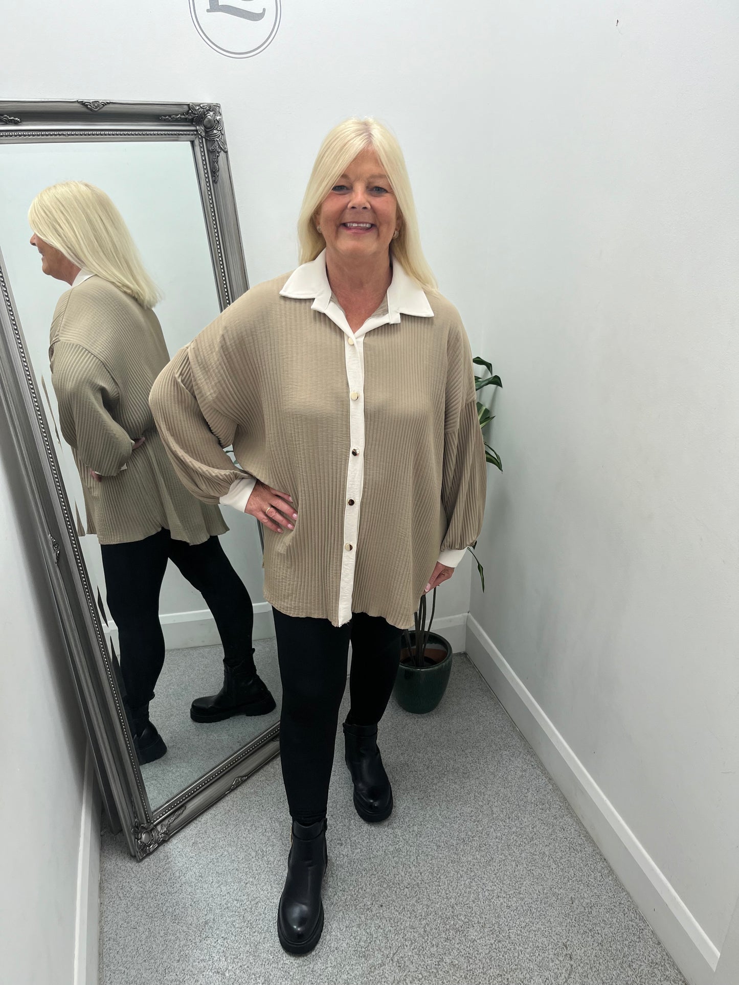 Pleated Gold Button Two Tone Shirt