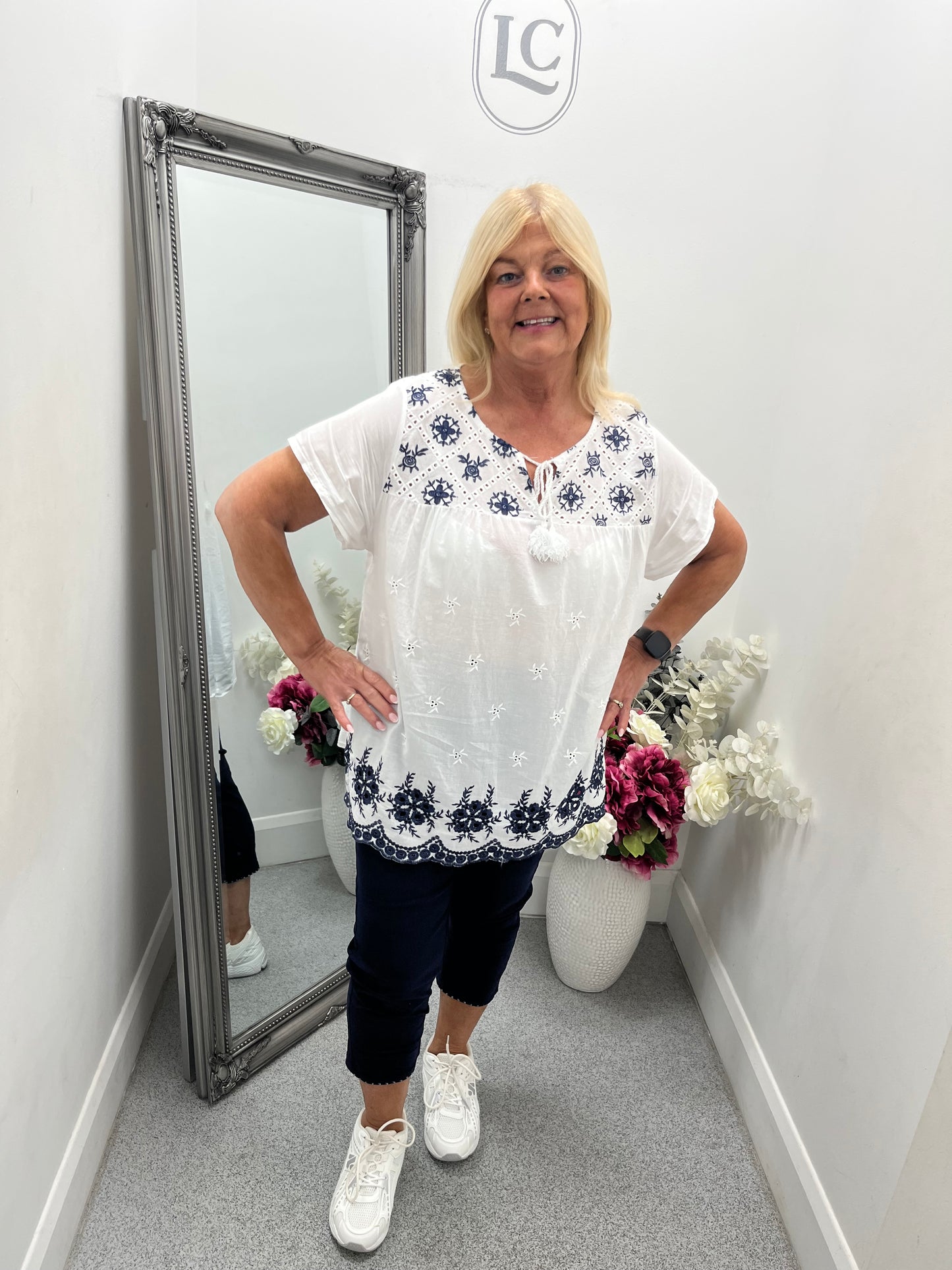 White Embroidered Trim Top