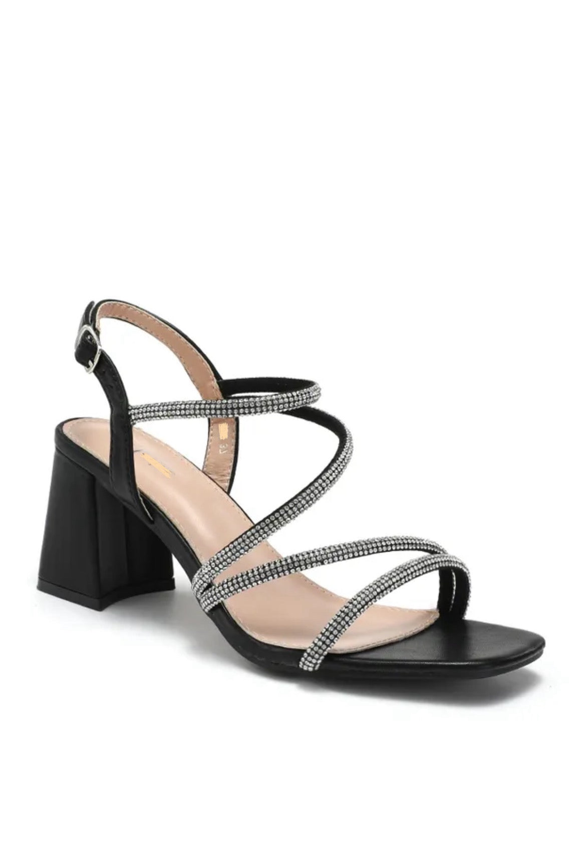 Black Low Block Heel Diamanté Strap Sandal