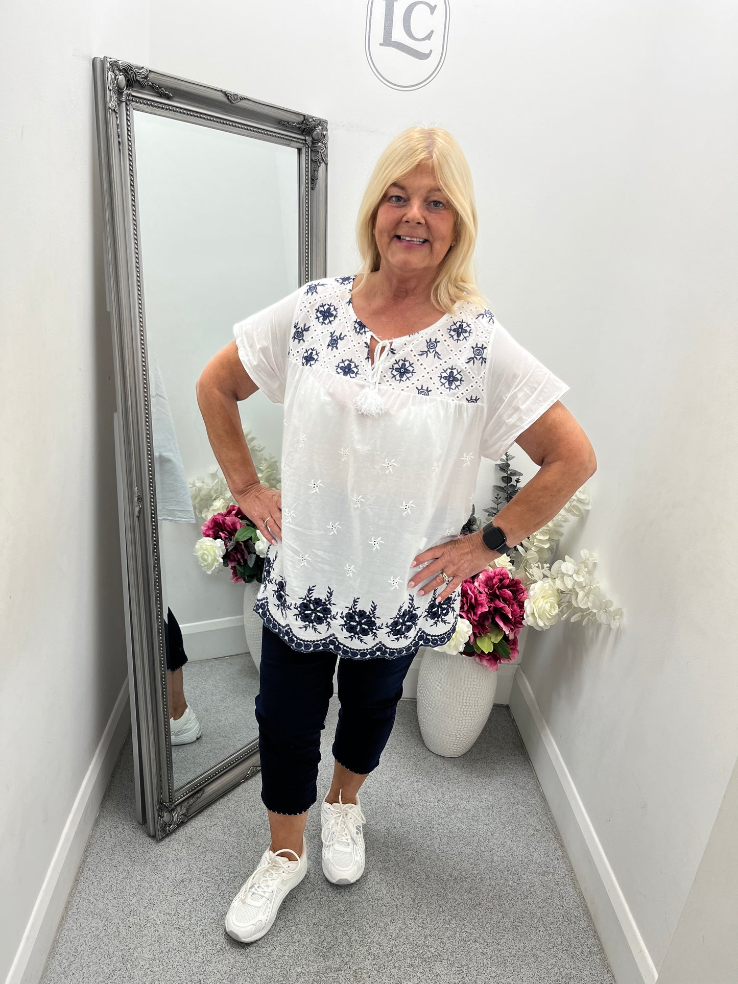 White Embroidered Trim Top