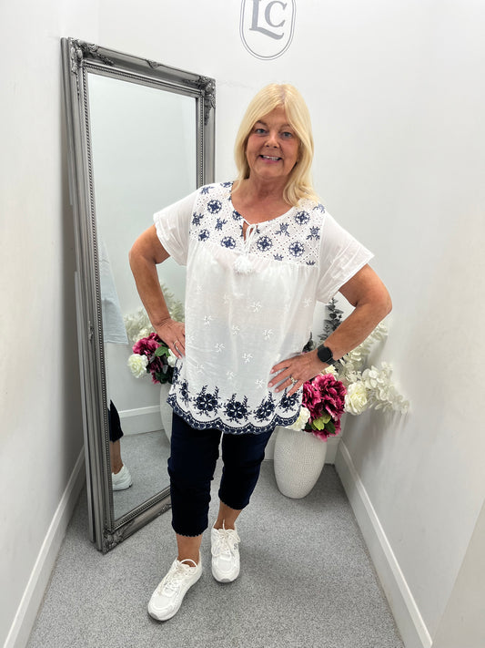 White Embroidered Trim Top