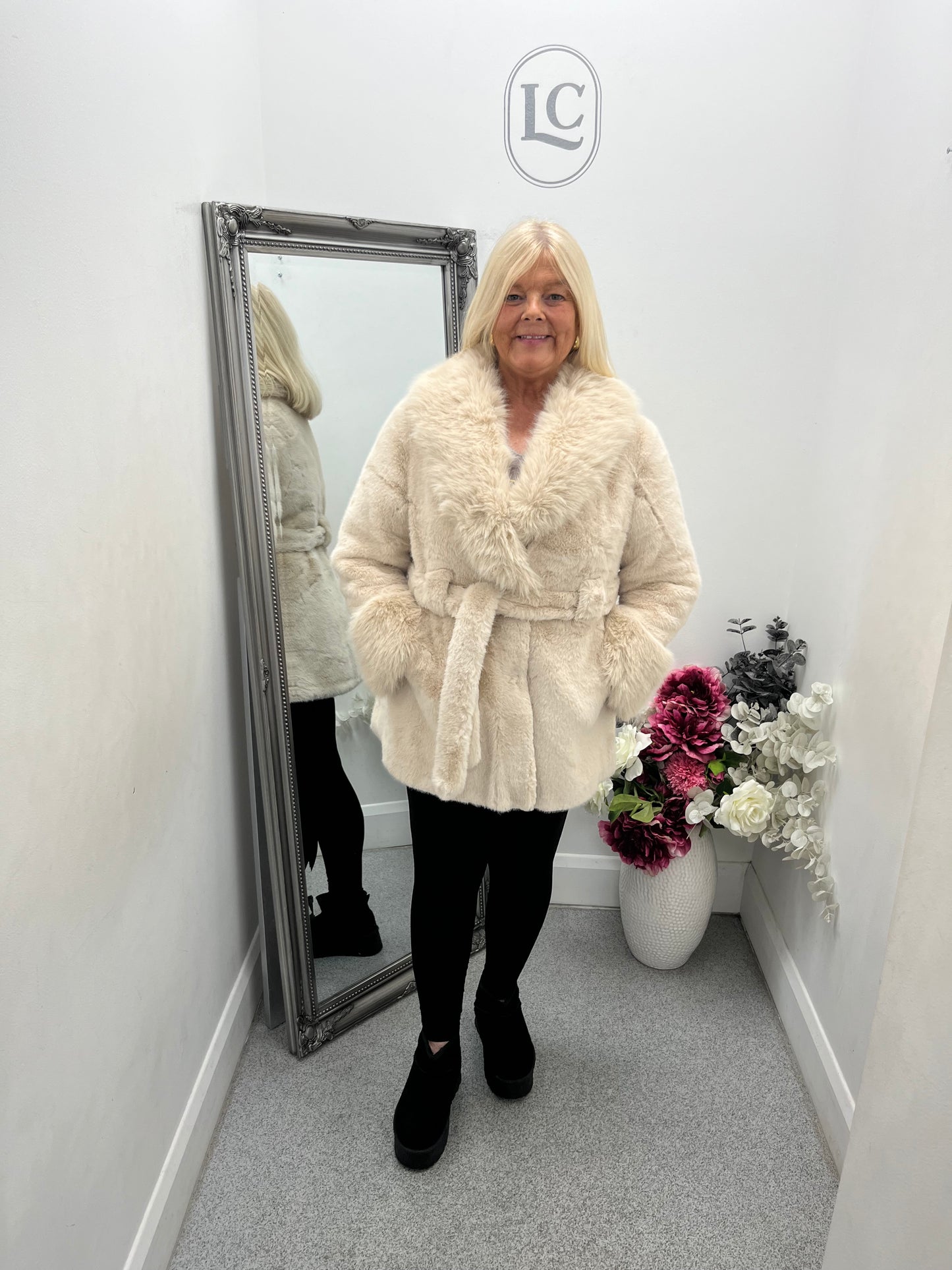 Sophia Faux Fur Tie Belt  Coat