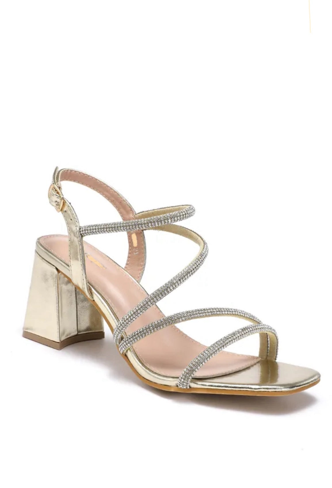 Gold Low Block Heel Dismante Strap Sandal