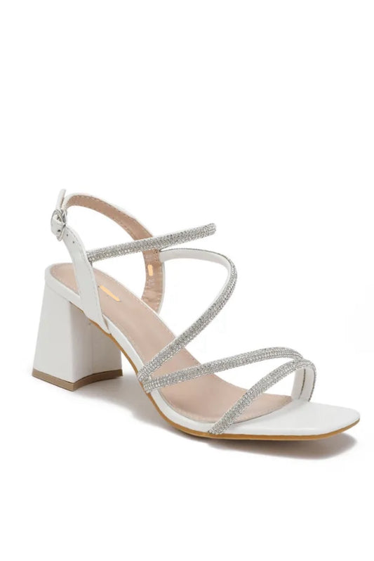 White Low Block Heel Diamanté Strap Sandal