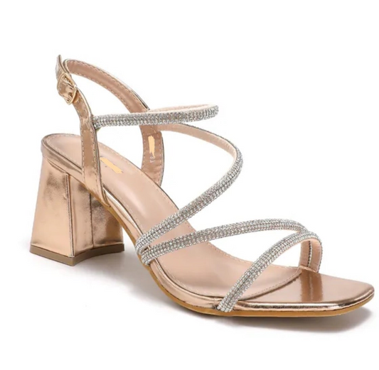 Champagne Low Block Diamanté Strap Sandal