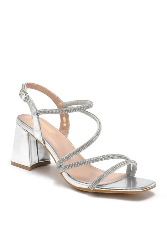 Silver Low Block Heel Diamanté Strap Sandal