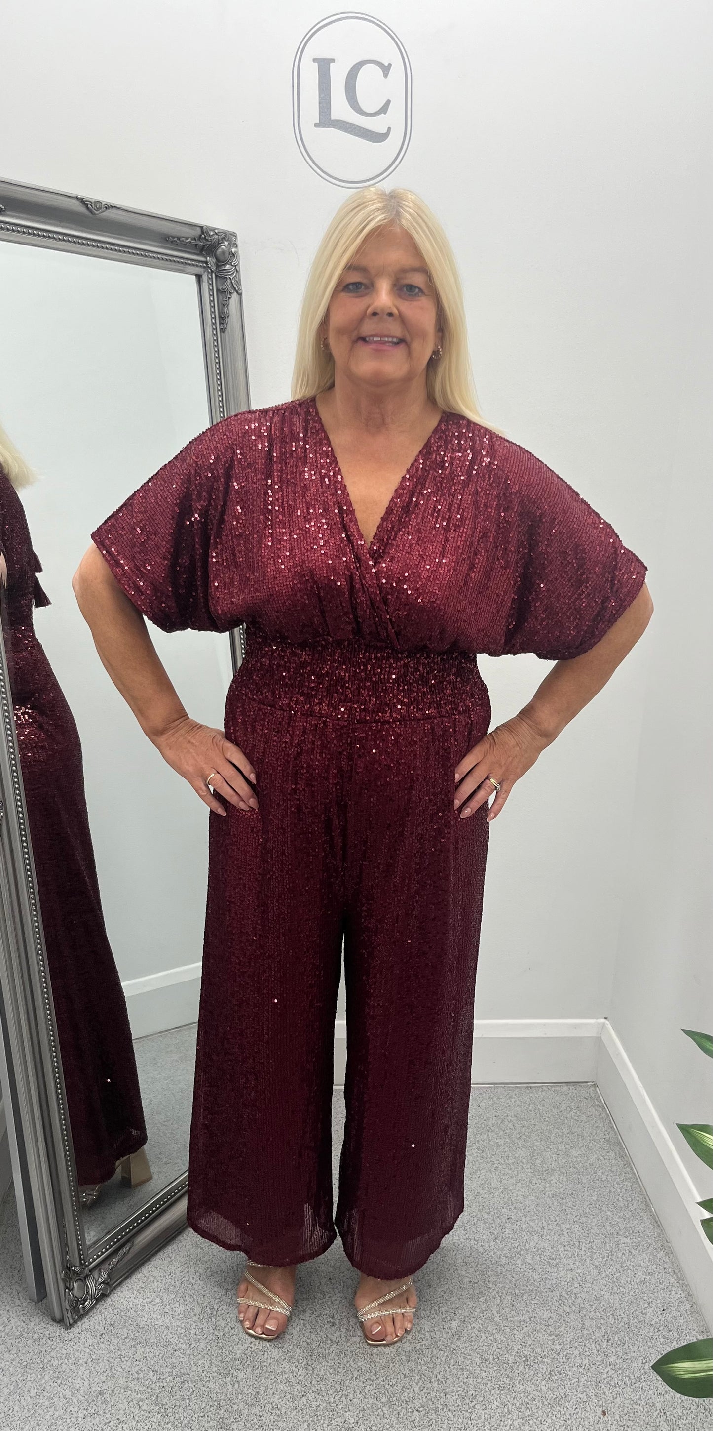 Wine Sequin Crossfront Jumpsuit