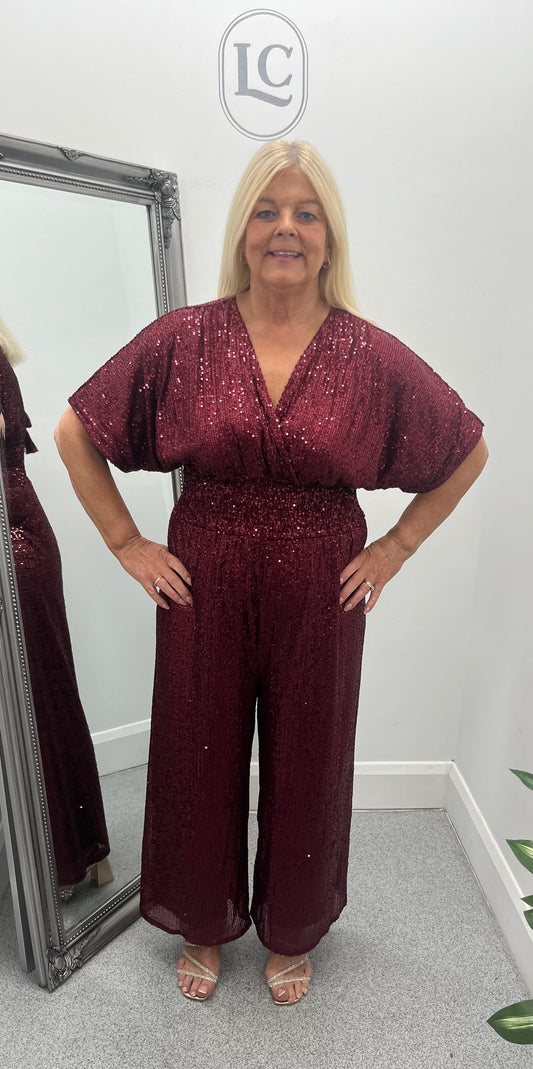 Wine Sequin Crossfront Jumpsuit